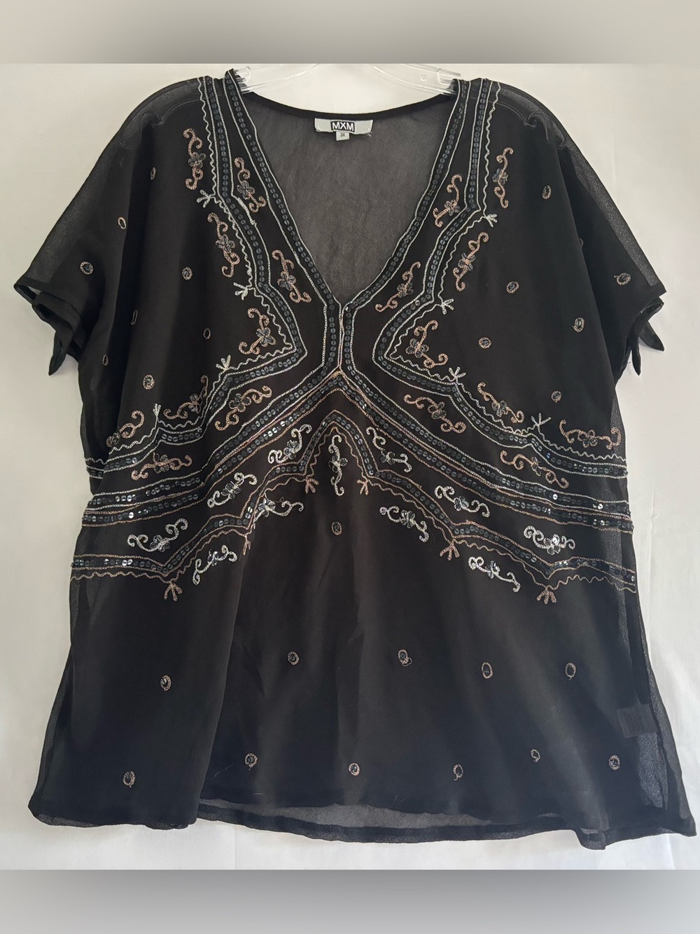 MXM Boho Sequin Embroidered Sheer V-Neck Blouse 3X